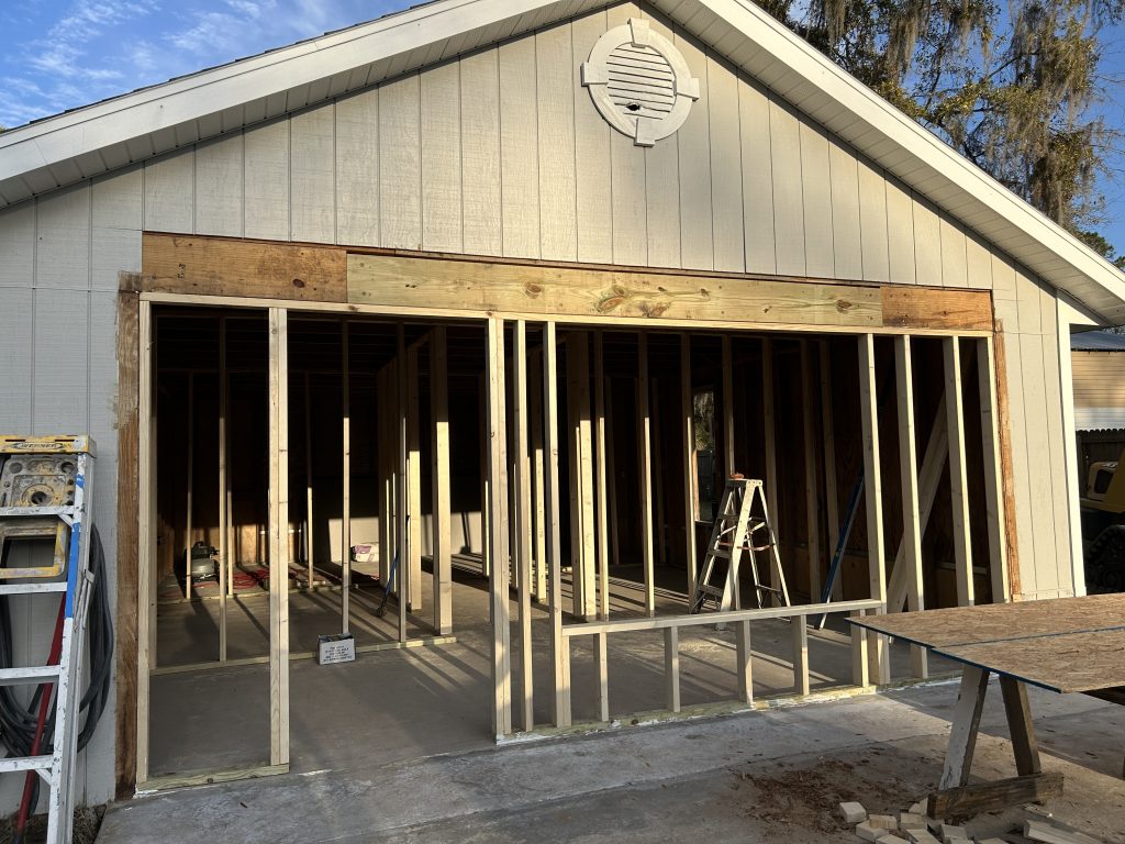 Exterior view of a house with wood framing