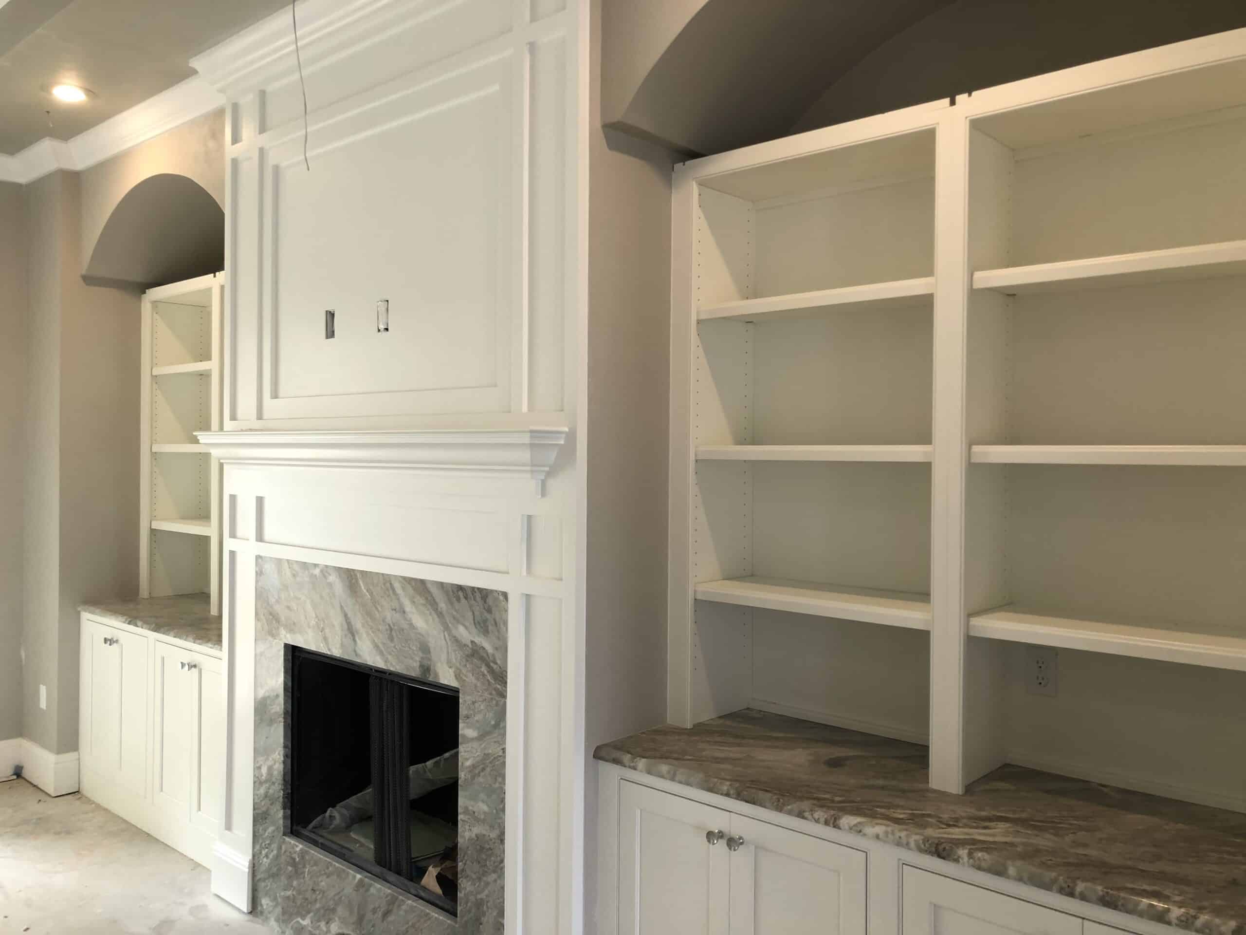 Painted built-ins, fireplace surround and trim in a Gainesville home
